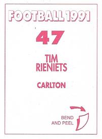 1991 Select AFL Stickers #47 Tim Rieniets Back